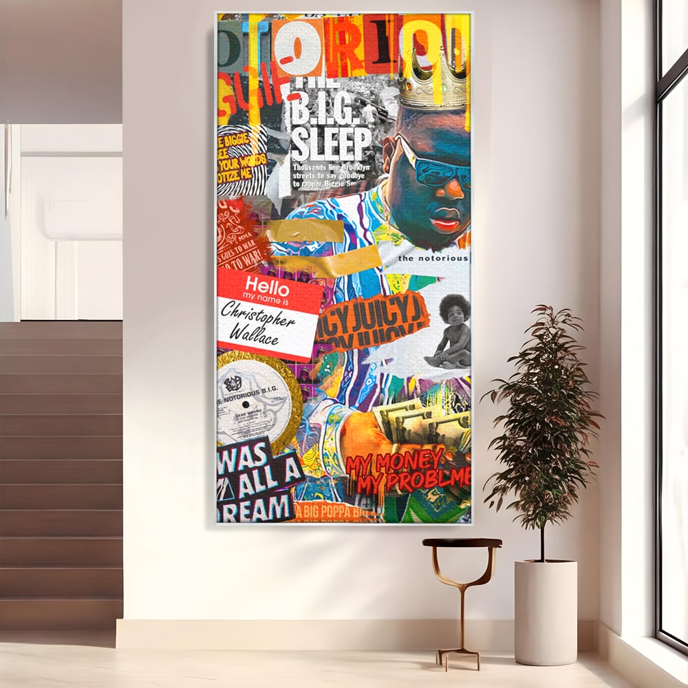 Tablou canvas cu tablou portret rapper the notorious b.i.g, in rama de aluminiu argintiu