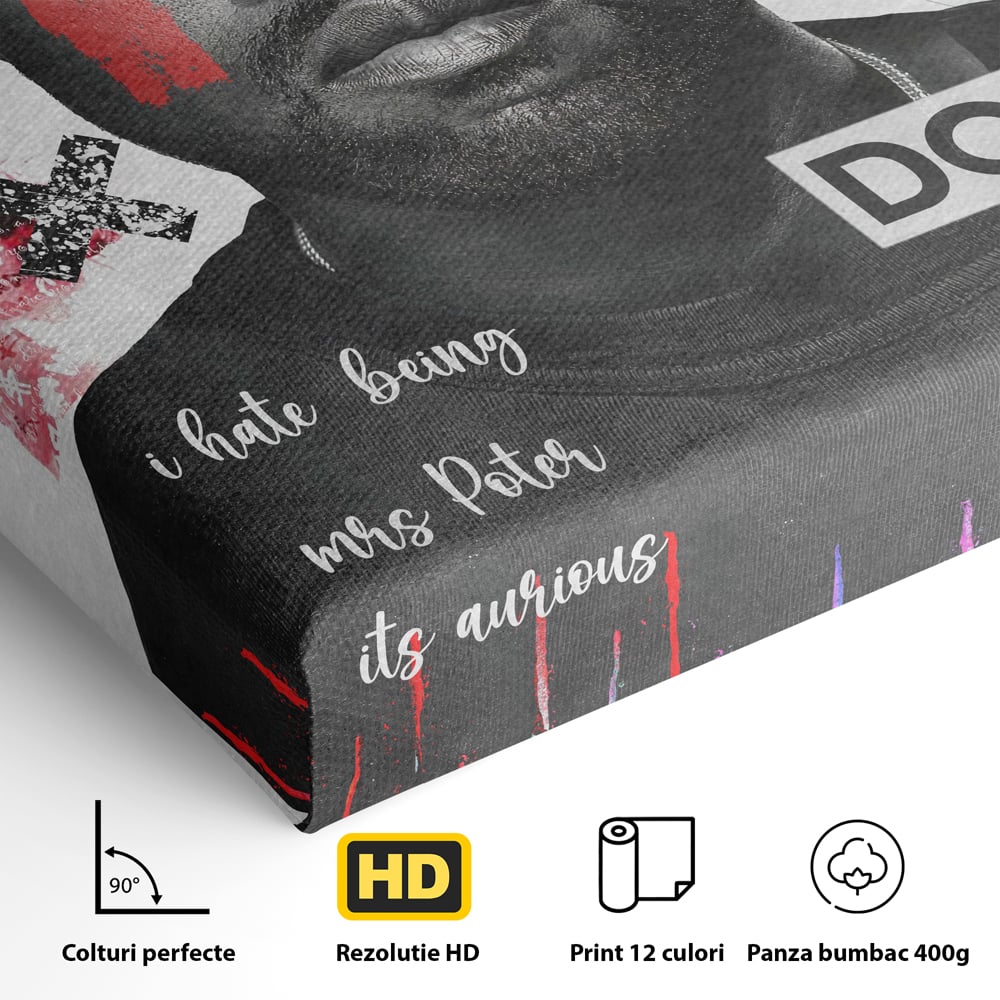 Detaliu al suprafetei: tablou canvas cu portretul stilizat al lui kanye west, fara rama, pe sasiu de lemn