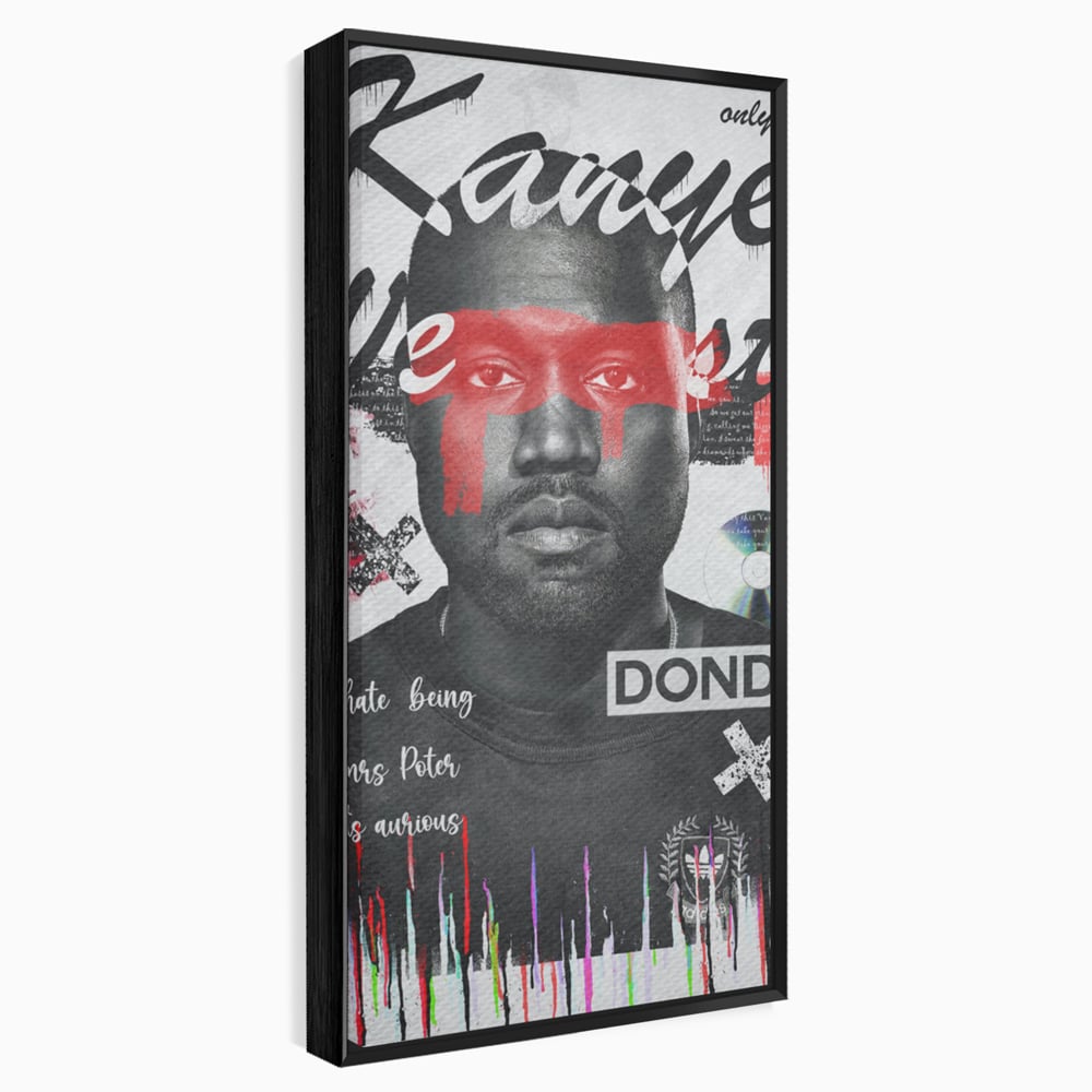 Tablou canvas cu tablou canvas cu portretul stilizat al lui kanye west, in rama de aluminiu negru