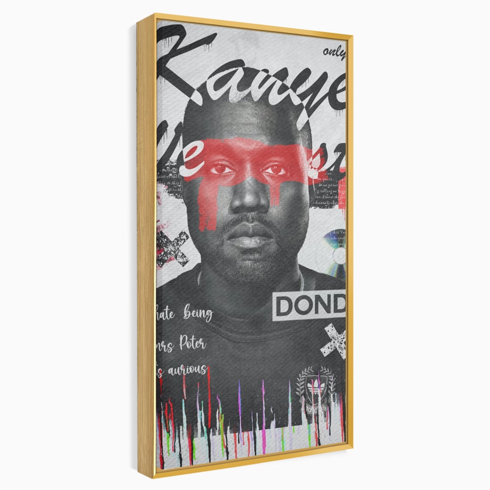 Tablou canvas cu tablou canvas cu portretul stilizat al lui kanye west, in rama de aluminiu auriu
