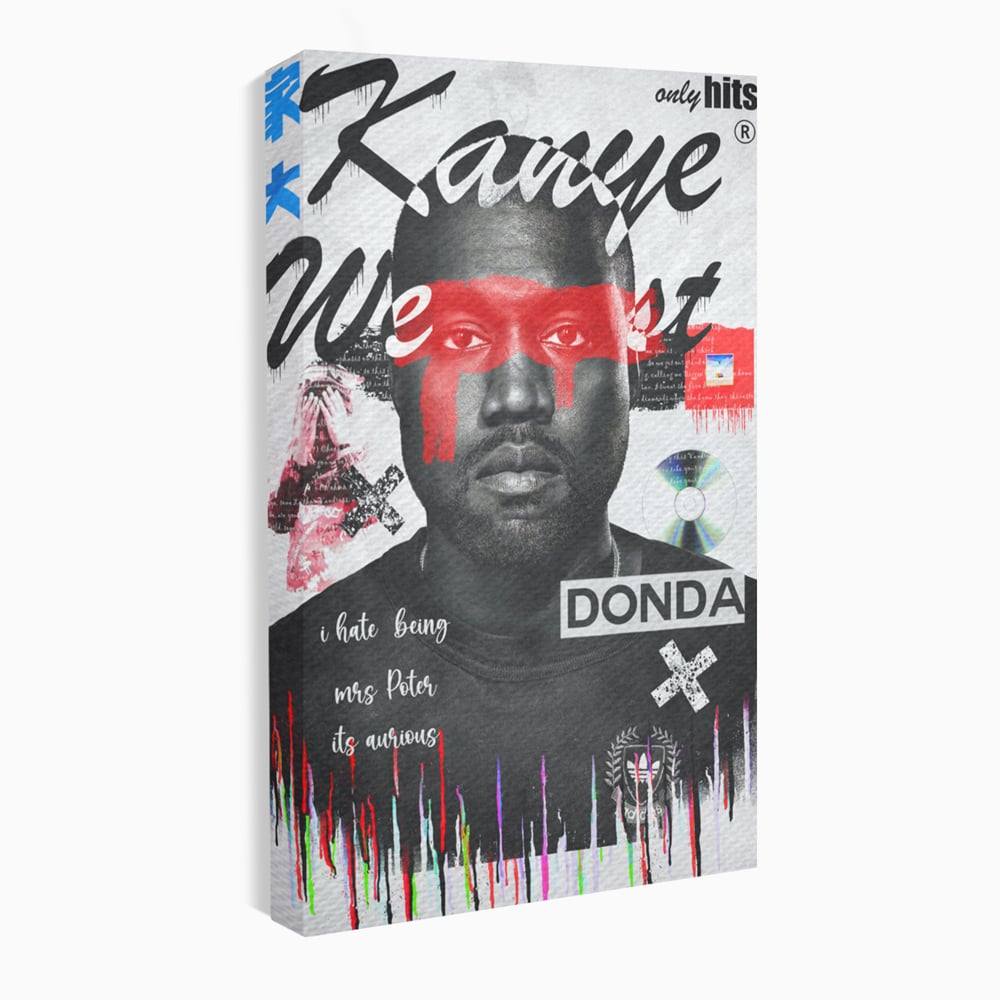 Tablou canvas cu tablou canvas cu portretul stilizat al lui kanye west, fara rama, pe sasiu de lemn