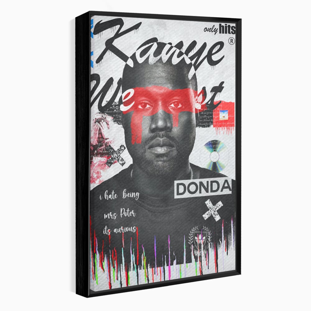 Tablou canvas cu tablou canvas cu portretul stilizat al lui kanye west, in rama de aluminiu negru