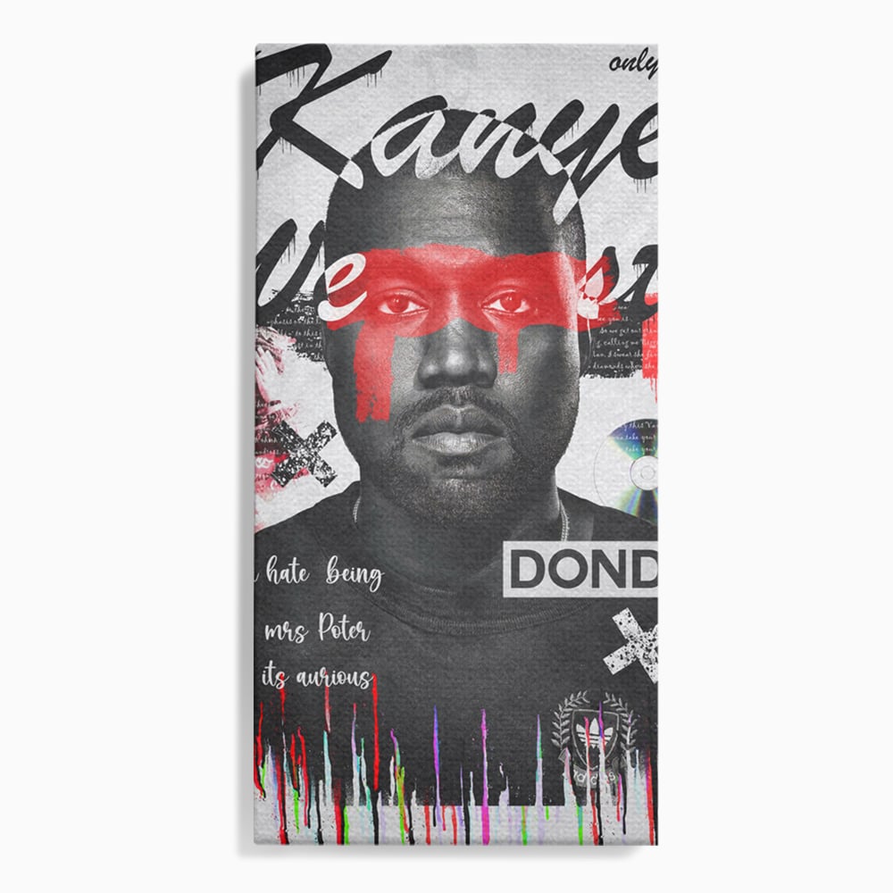 Tablou canvas cu tablou canvas cu portretul stilizat al lui kanye west, fara rama, pe sasiu de lemn
