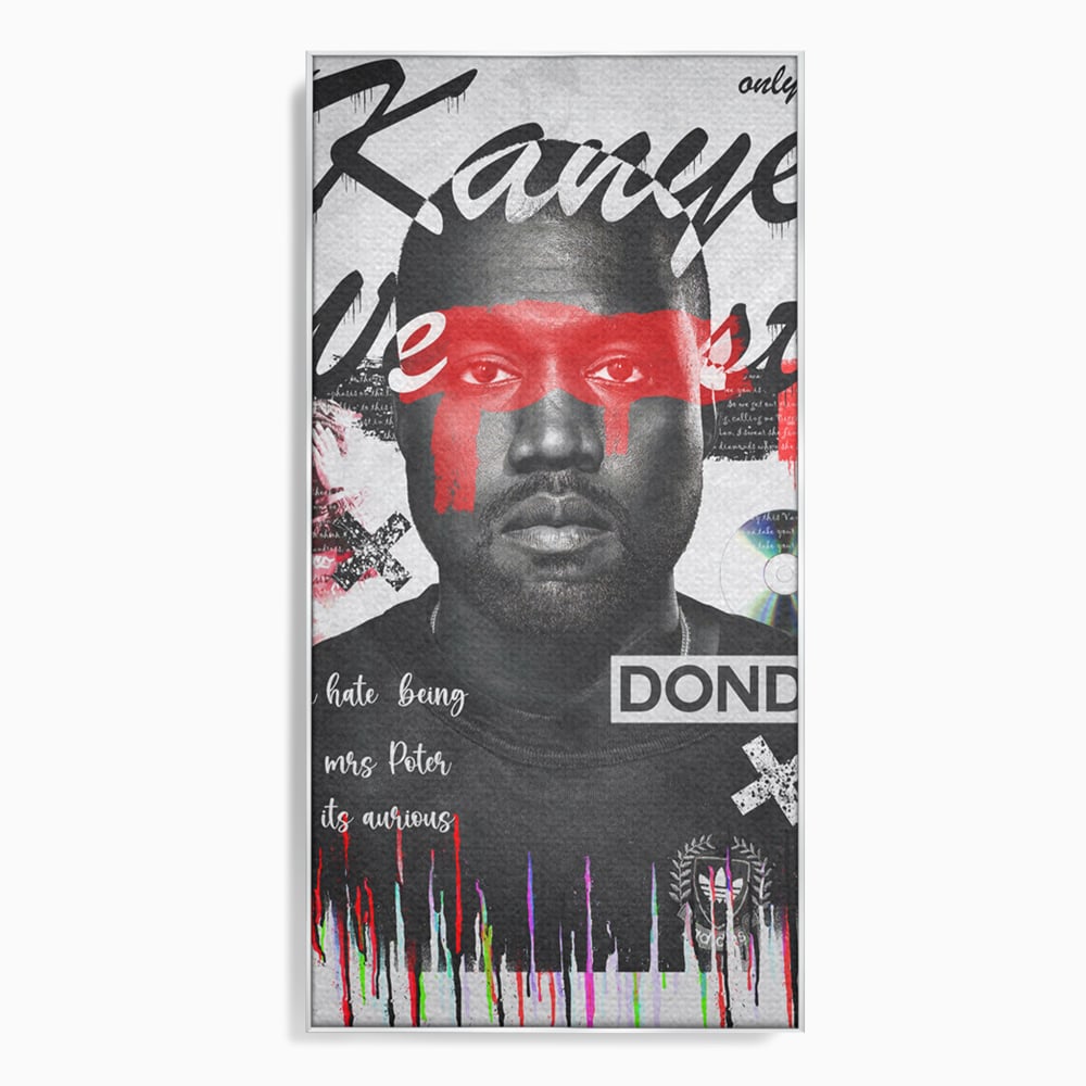 Tablou canvas cu tablou canvas cu portretul stilizat al lui kanye west, in rama de aluminiu argintiu