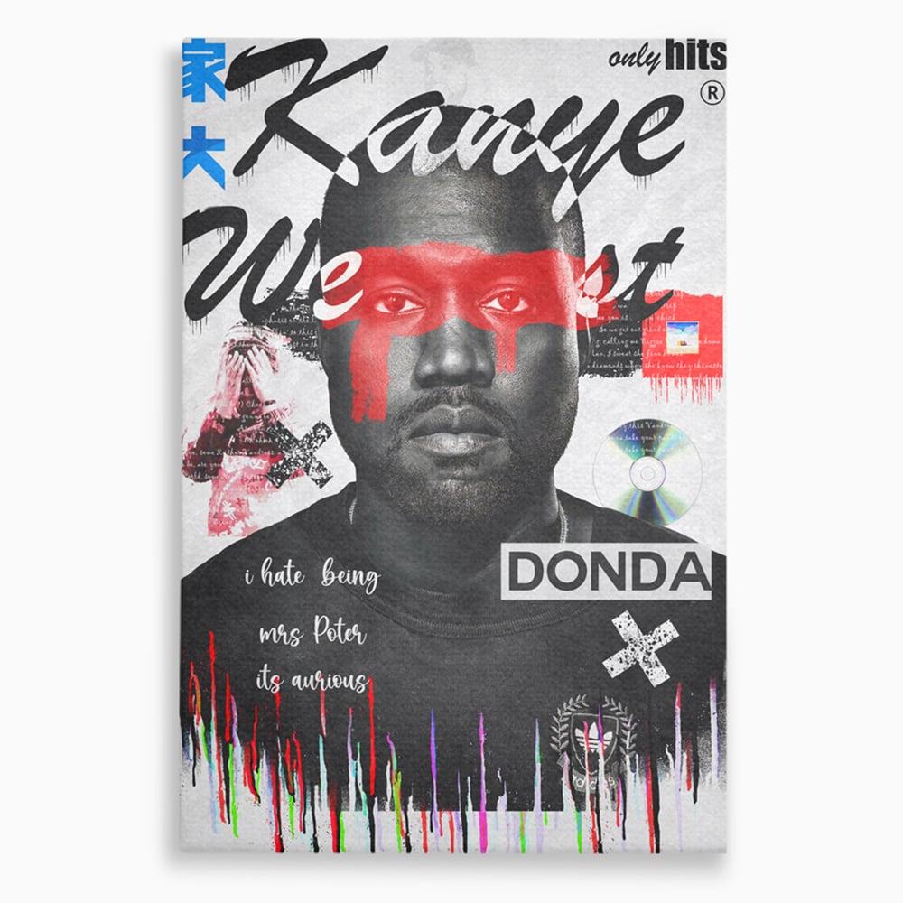 Tablou canvas cu tablou canvas cu portretul stilizat al lui kanye west, fara rama, pe sasiu de lemn