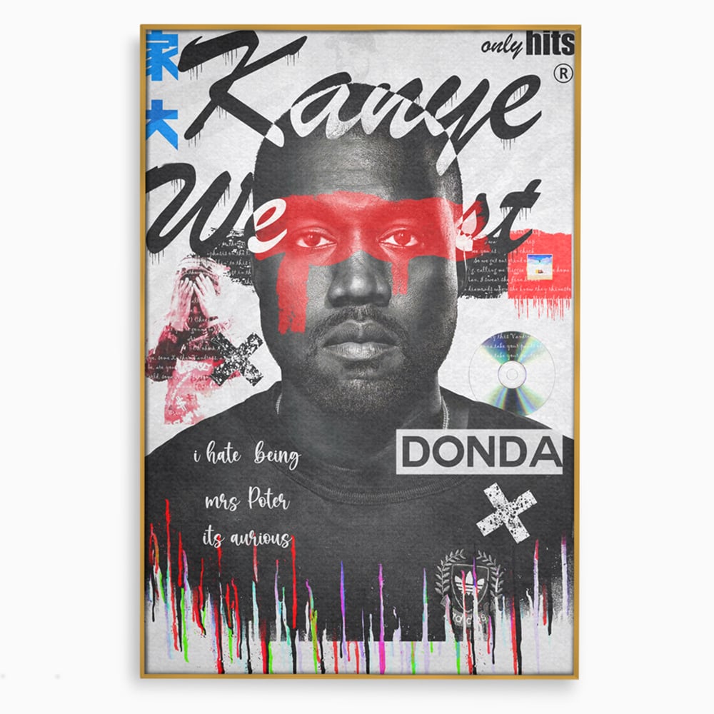 Tablou canvas cu tablou canvas cu portretul stilizat al lui kanye west, in rama de aluminiu auriu