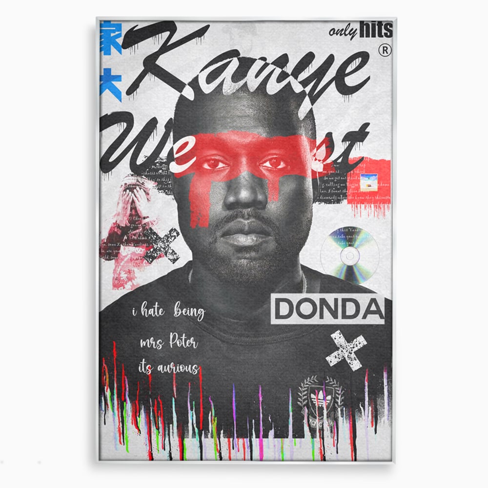 Tablou canvas cu tablou canvas cu portretul stilizat al lui kanye west, in rama de aluminiu argintiu