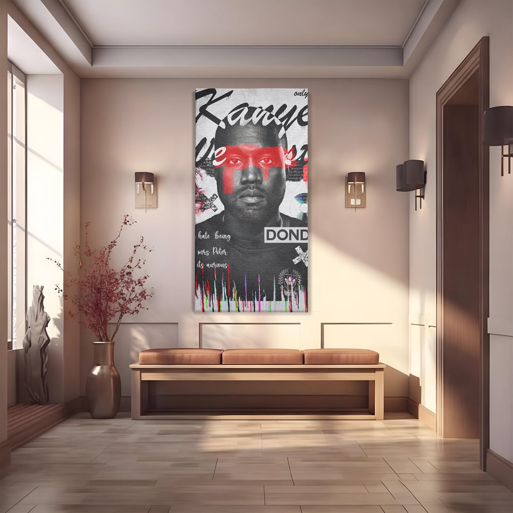 Tablou canvas cu tablou canvas cu portretul stilizat al lui kanye west, fara rama, pe sasiu de lemn