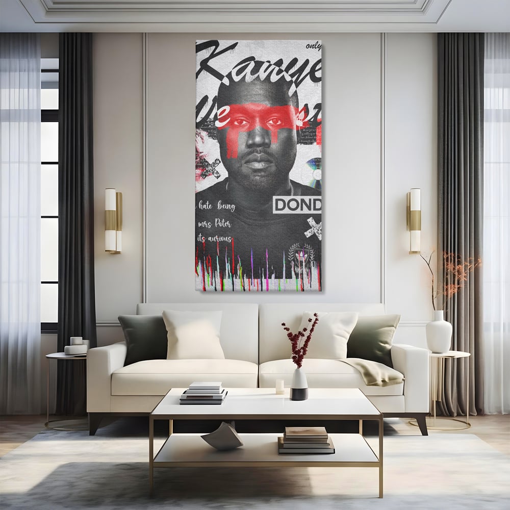 Tablou canvas cu tablou canvas cu portretul stilizat al lui kanye west, fara rama, pe sasiu de lemn, pe perete intr-un living