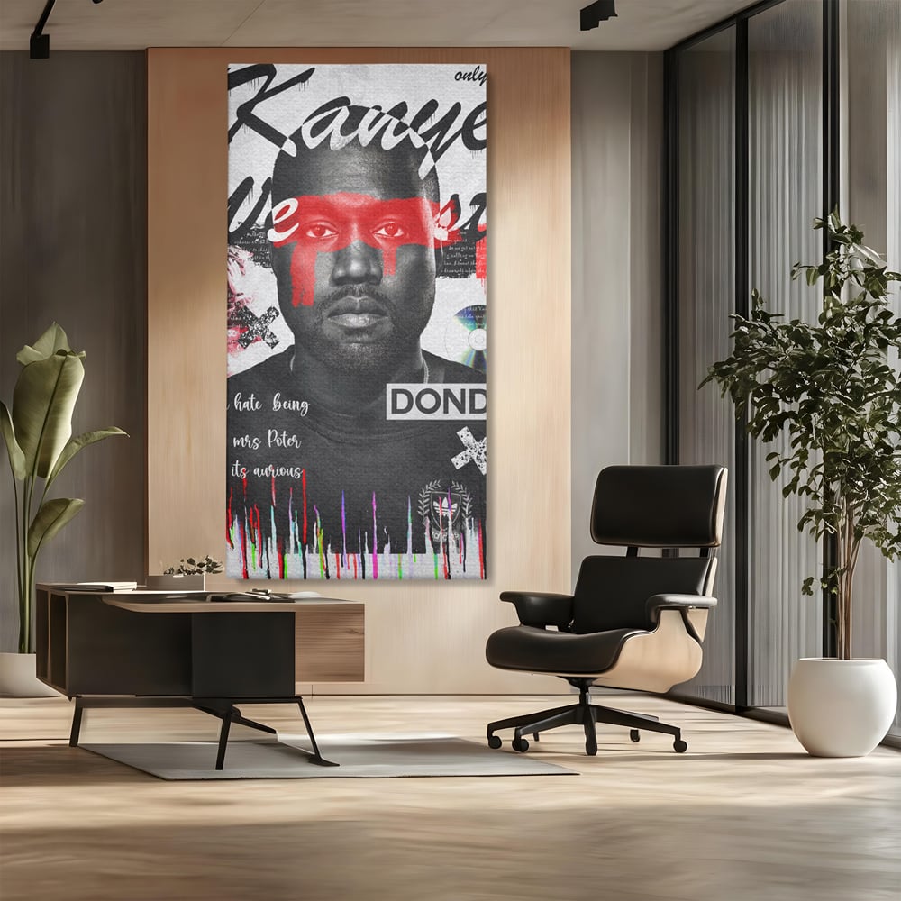 Tablou canvas cu tablou canvas cu portretul stilizat al lui kanye west, fara rama, pe sasiu de lemn, pe perete intr-un birou