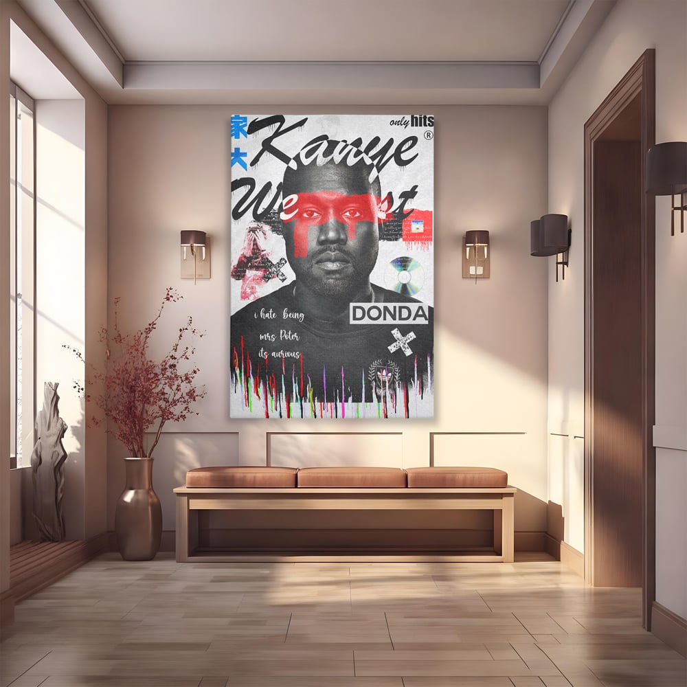 Tablou canvas cu tablou canvas cu portretul stilizat al lui kanye west, fara rama, pe sasiu de lemn