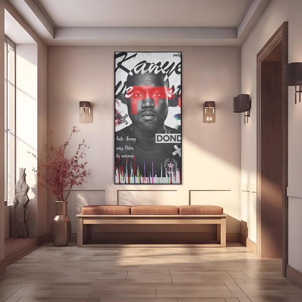 Tablou canvas cu tablou canvas cu portretul stilizat al lui kanye west, in rama de aluminiu negru
