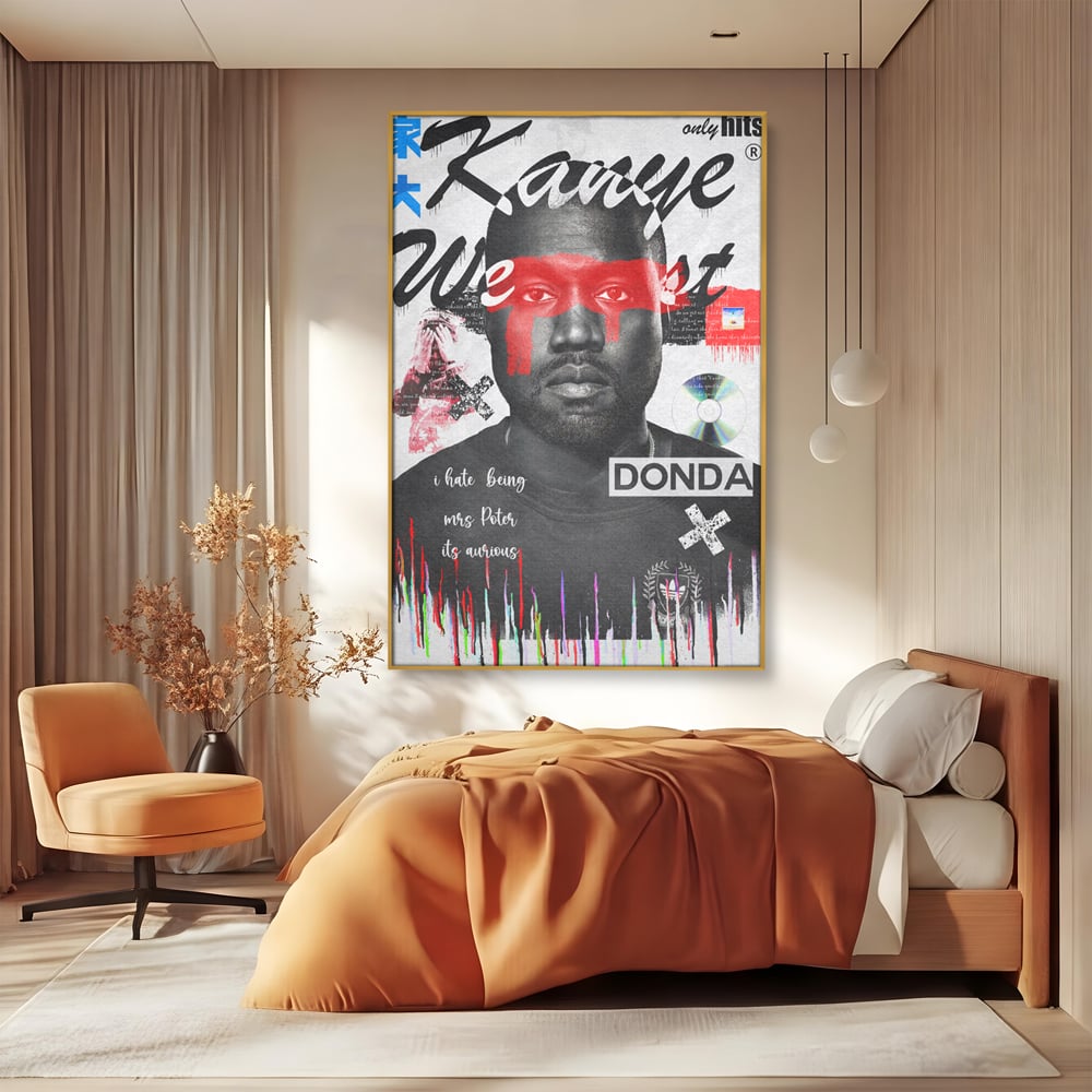 Tablou canvas cu tablou canvas cu portretul stilizat al lui kanye west, in rama de aluminiu auriu, pe perete intr-un dormitor
