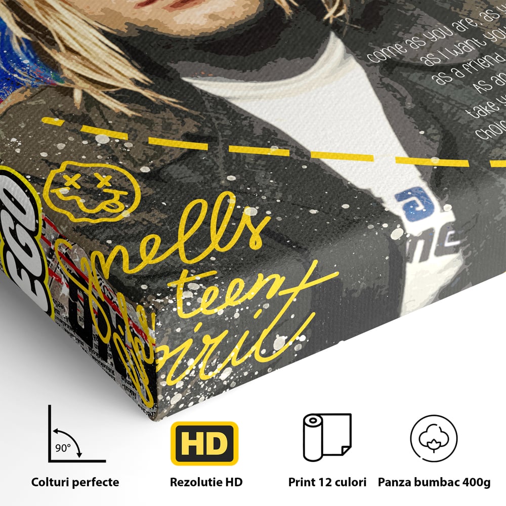 Detaliu al suprafetei: tablou canvas cu portretul lui kurt cobain, fara rama, pe sasiu de lemn