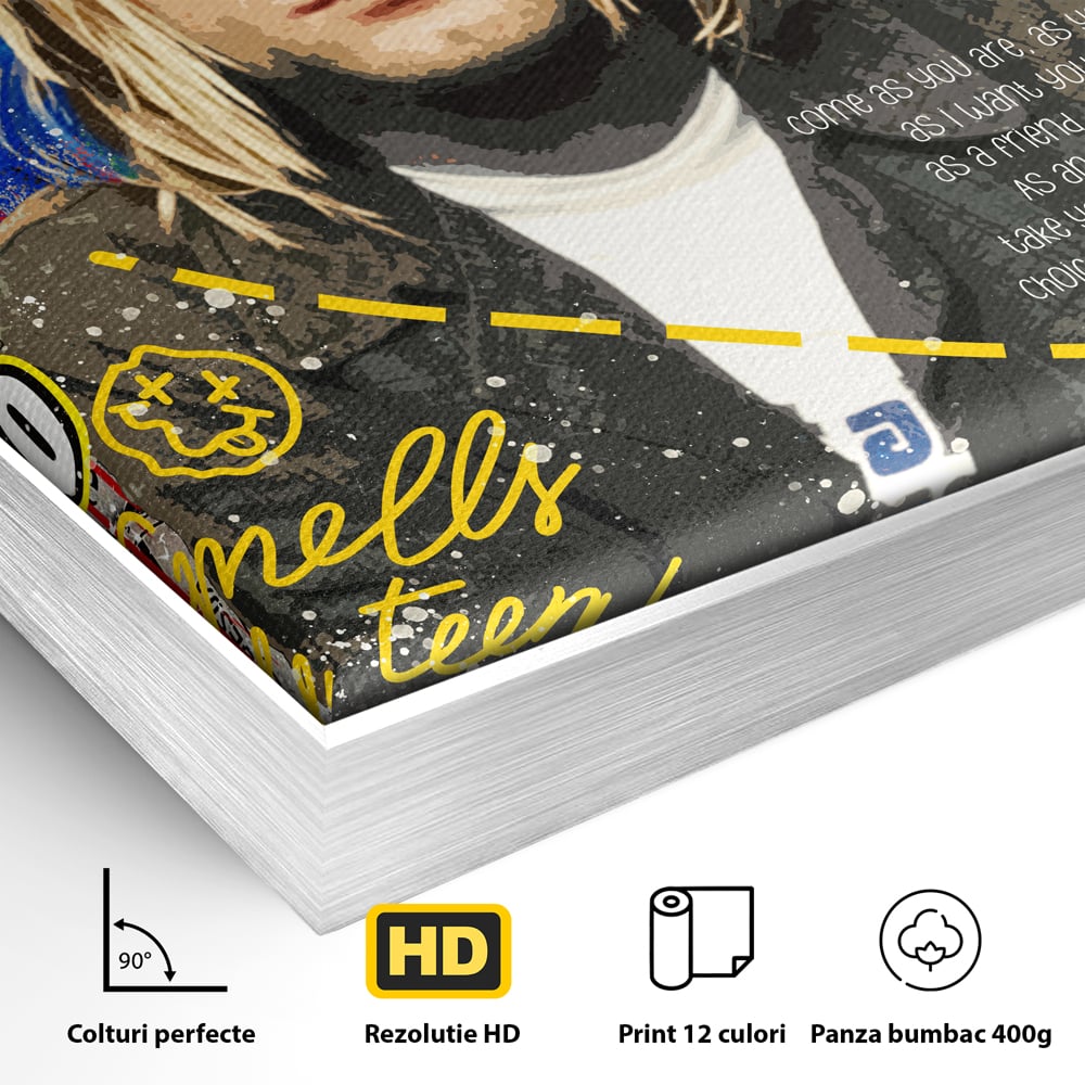 Detaliu al suprafetei: tablou canvas cu portretul lui kurt cobain, in rama de aluminiu argintiu