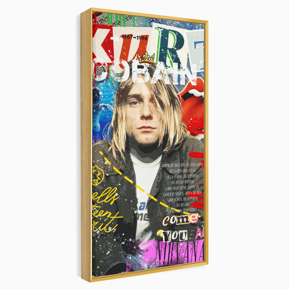 Tablou canvas cu tablou canvas cu portretul lui kurt cobain, in rama de aluminiu auriu