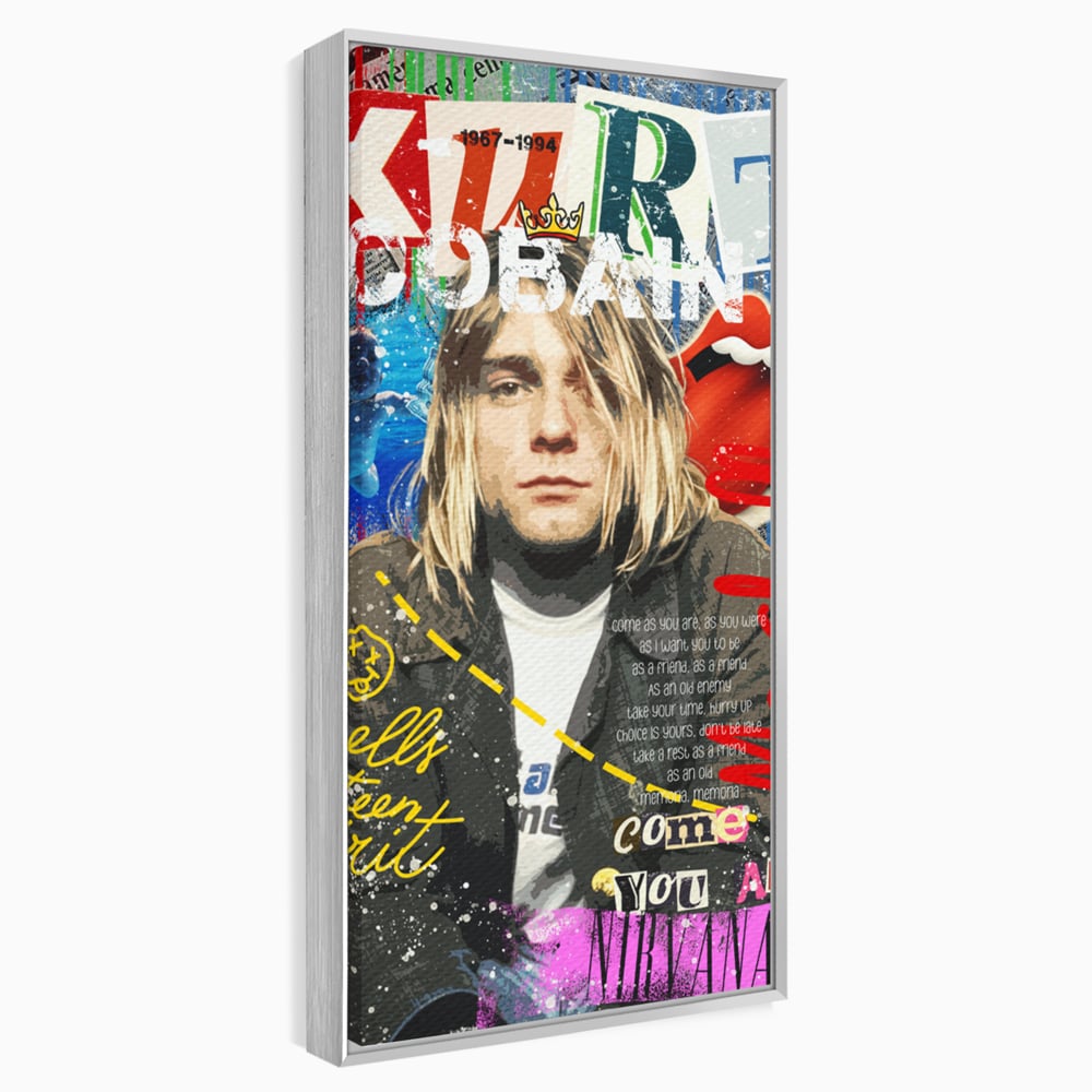 Tablou canvas cu tablou canvas cu portretul lui kurt cobain, in rama de aluminiu argintiu