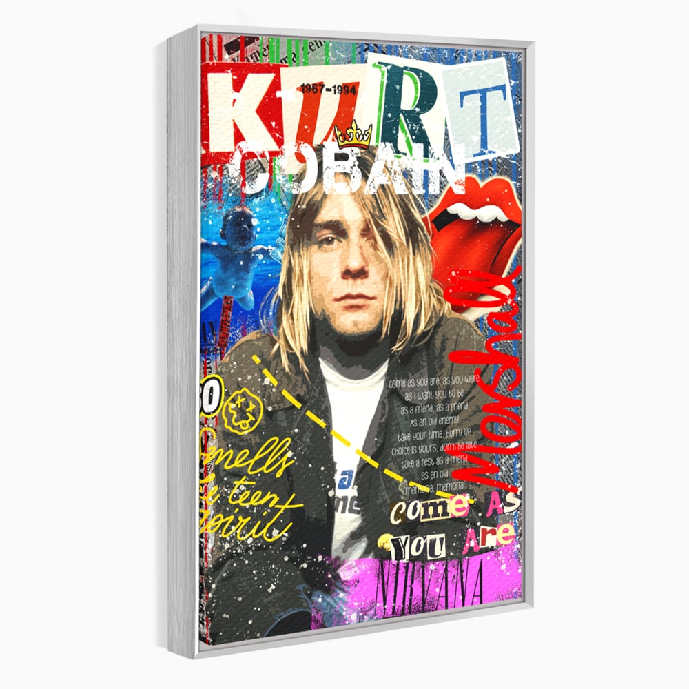 Tablou canvas cu tablou canvas cu portretul lui kurt cobain, in rama de aluminiu argintiu