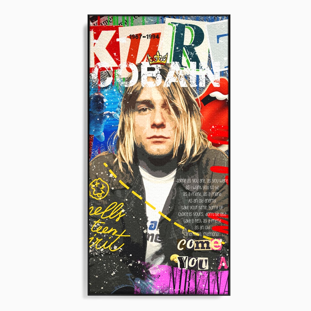 Tablou canvas cu tablou canvas cu portretul lui kurt cobain, in rama de aluminiu negru