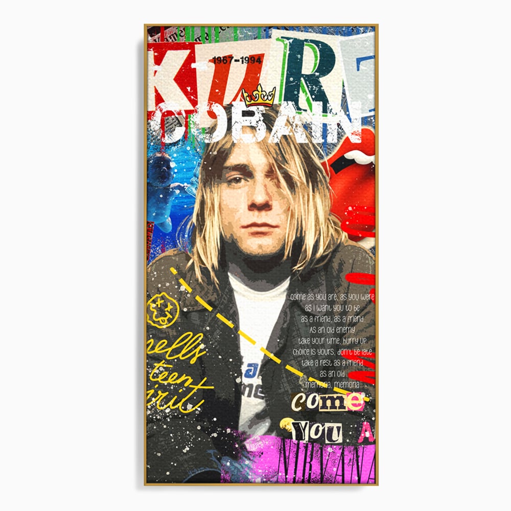 Tablou canvas cu tablou canvas cu portretul lui kurt cobain, in rama de aluminiu auriu