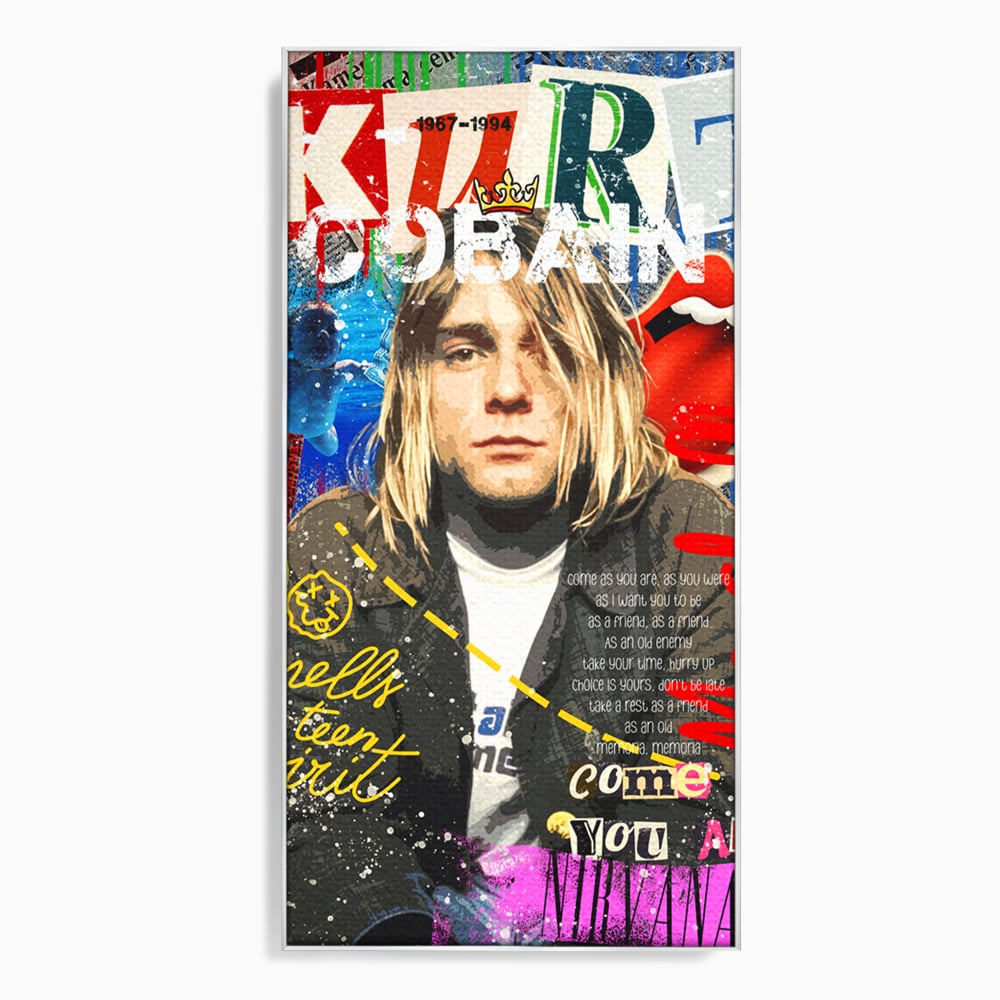Tablou canvas cu tablou canvas cu portretul lui kurt cobain, in rama de aluminiu argintiu