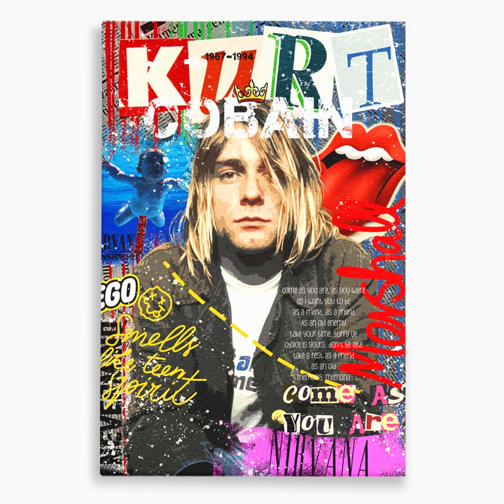 Tablou canvas cu tablou canvas cu portretul lui kurt cobain, fara rama, pe sasiu de lemn