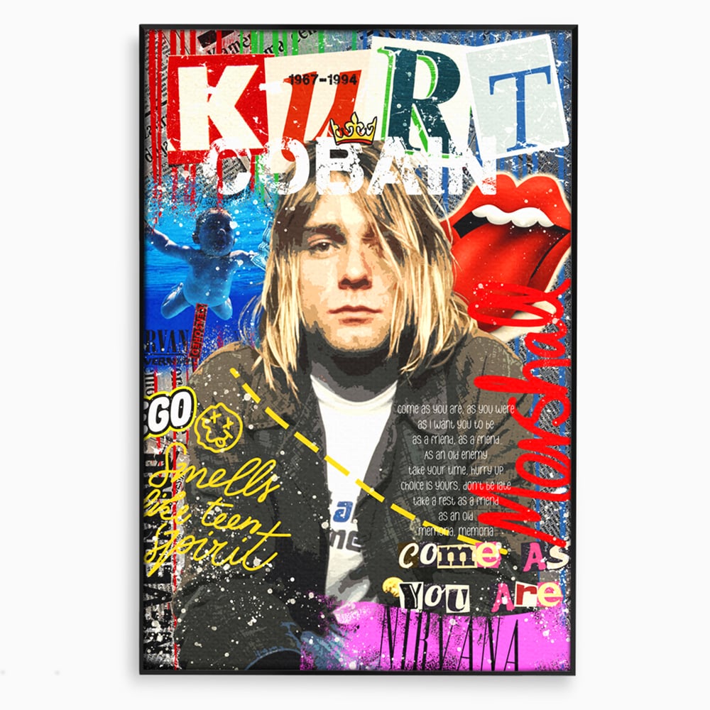 Tablou canvas cu tablou canvas cu portretul lui kurt cobain, in rama de aluminiu negru