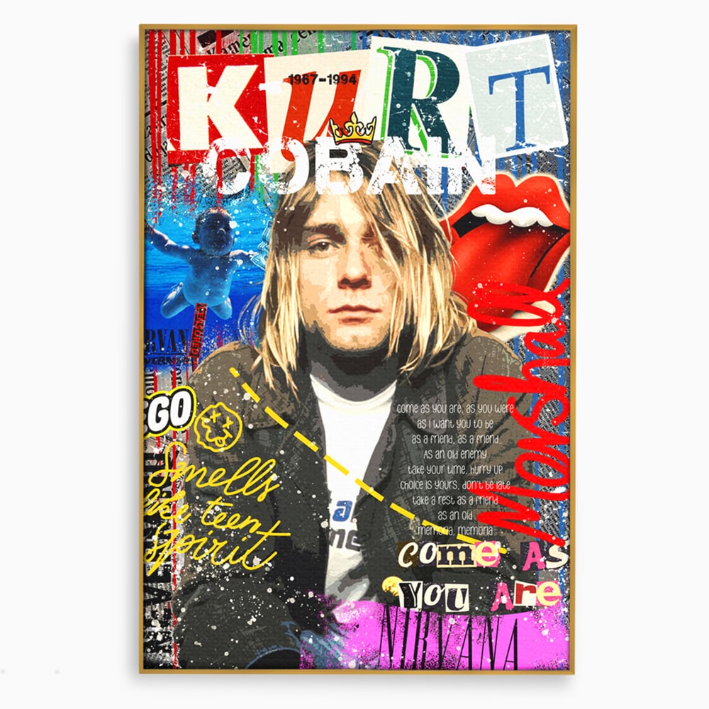 Tablou canvas cu tablou canvas cu portretul lui kurt cobain, in rama de aluminiu auriu