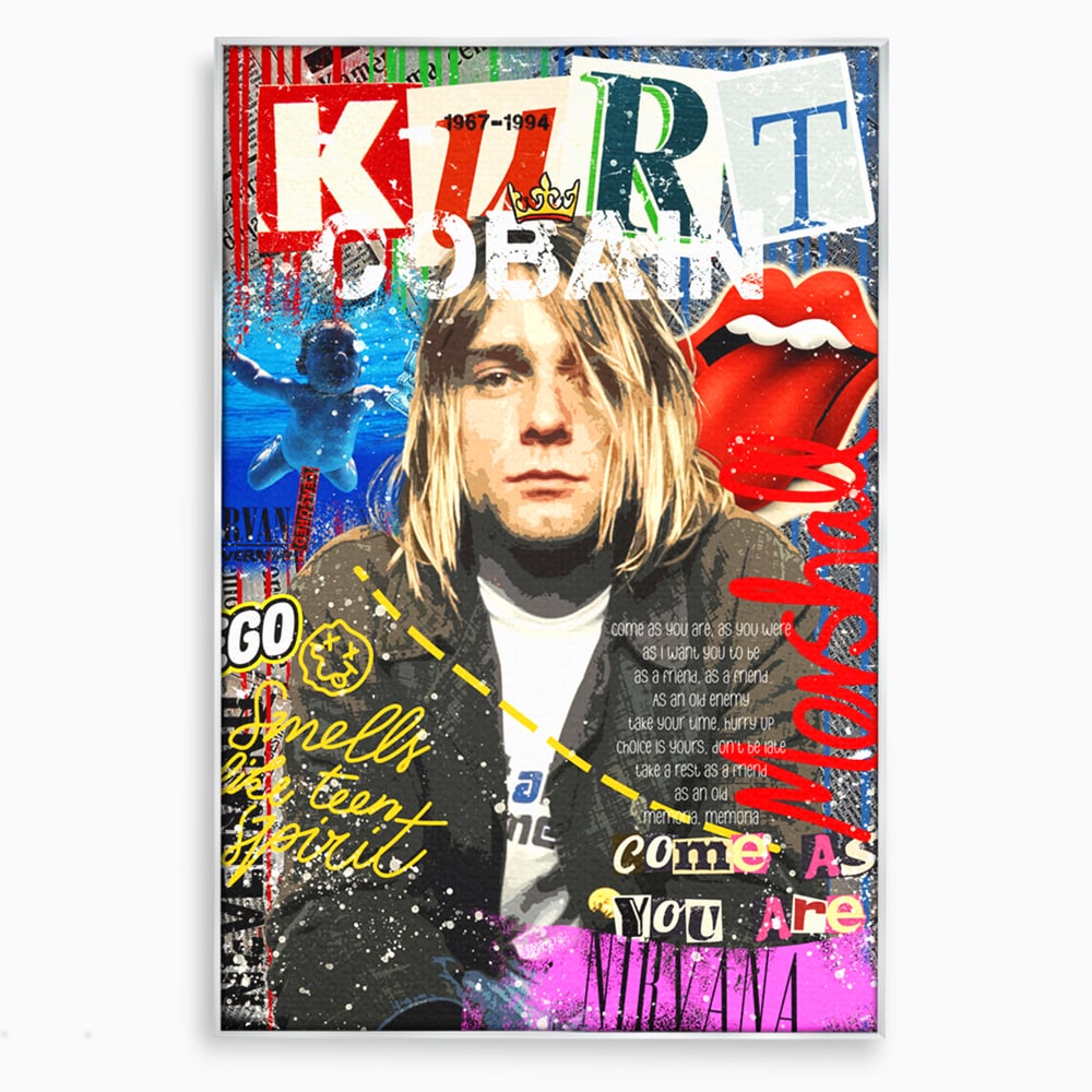 Tablou canvas cu tablou canvas cu portretul lui kurt cobain, in rama de aluminiu argintiu