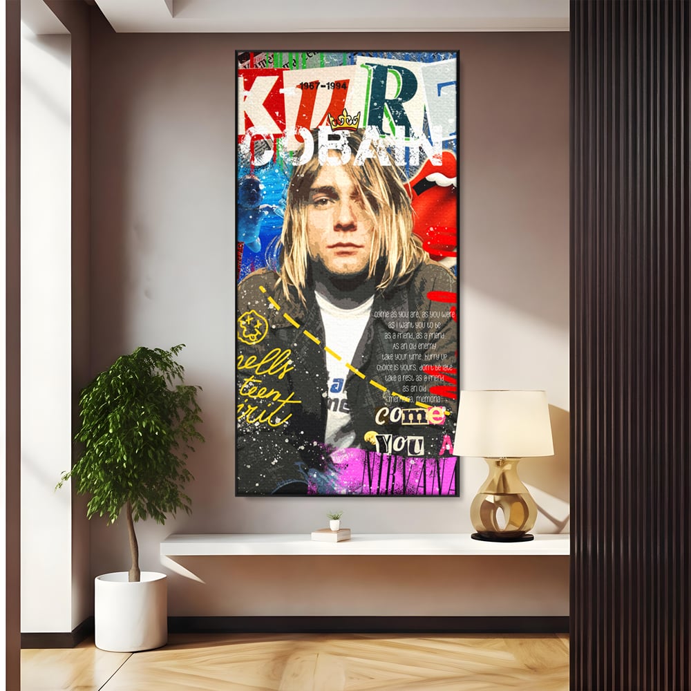 Tablou canvas cu tablou canvas cu portretul lui kurt cobain, in rama de aluminiu negru