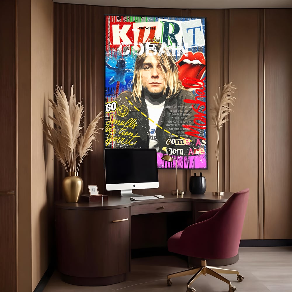 Tablou canvas cu tablou canvas cu portretul lui kurt cobain, in rama de aluminiu negru, pe perete intr-un birou