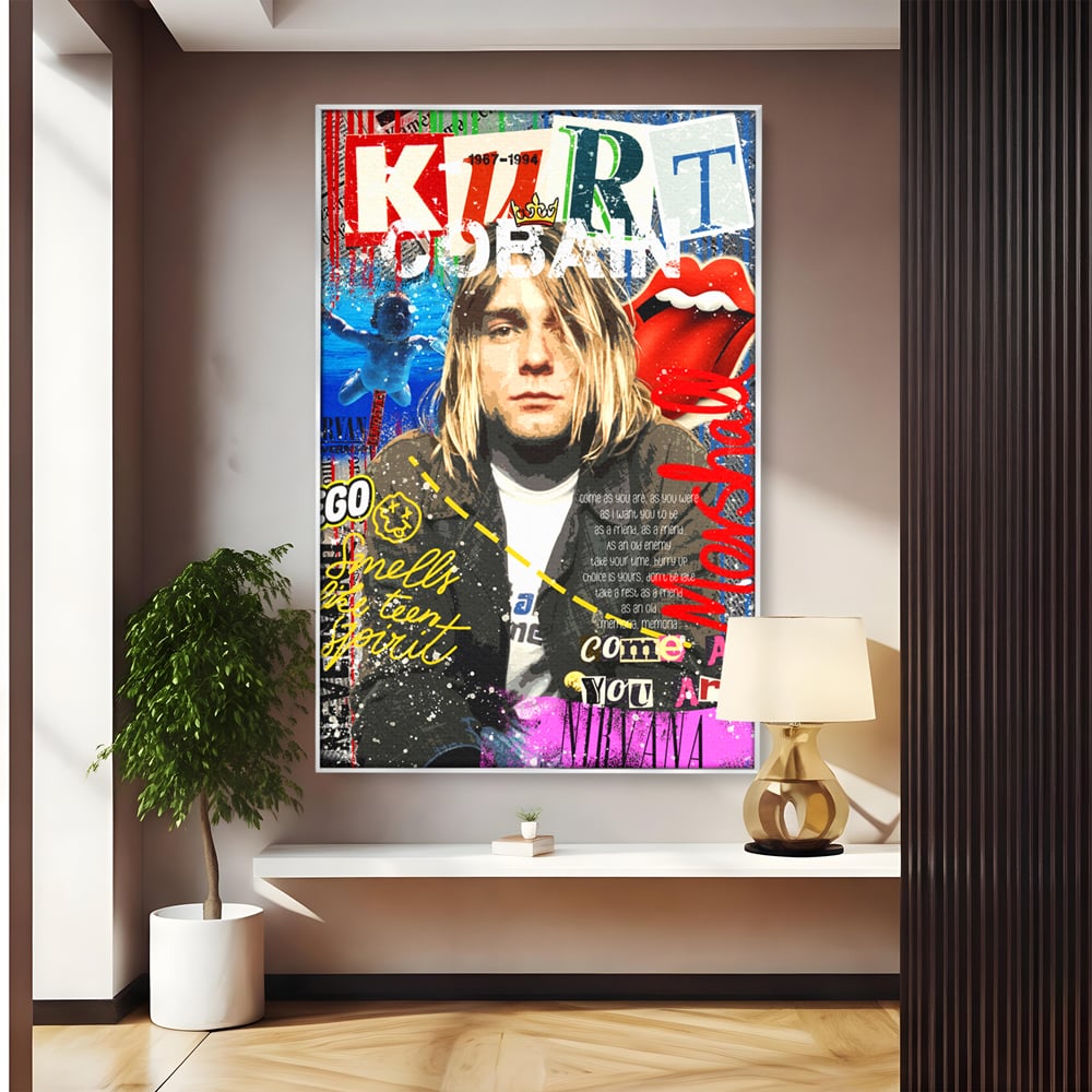 Tablou canvas cu tablou canvas cu portretul lui kurt cobain, in rama de aluminiu argintiu