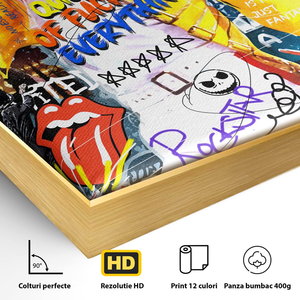 Detaliu al suprafetei: tablou canvas cu freddie mercury stil grafitti, in rama de aluminiu auriu