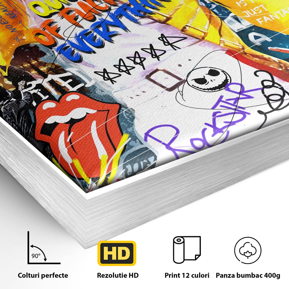 Detaliu al suprafetei: tablou canvas cu freddie mercury stil grafitti, in rama de aluminiu argintiu