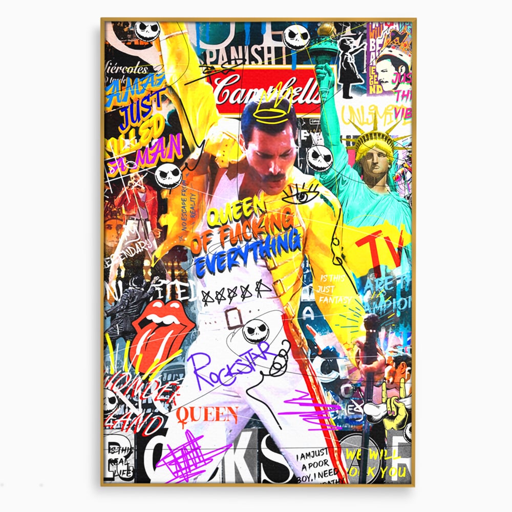 Tablou canvas cu tablou canvas cu freddie mercury stil grafitti, in rama de aluminiu auriu