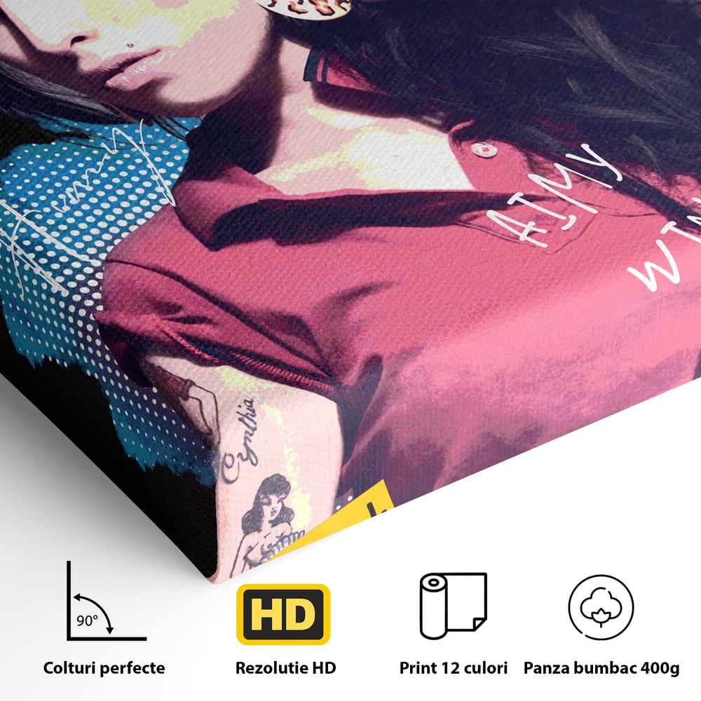 Detaliu al suprafetei: tablou canvas cu amy winehouse pe coperta rolling stone, fara rama, pe sasiu de lemn