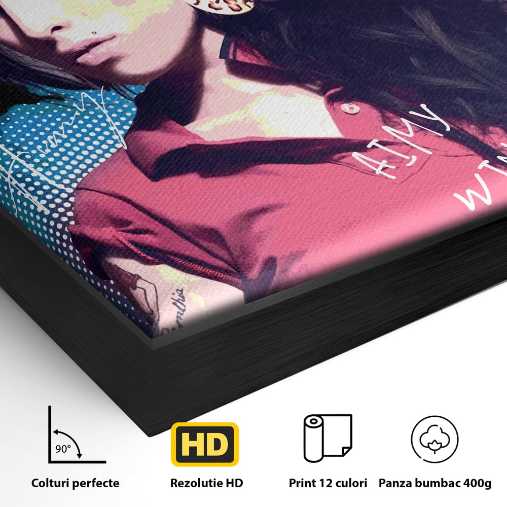 Detaliu al suprafetei: tablou canvas cu amy winehouse pe coperta rolling stone, in rama de aluminiu negru