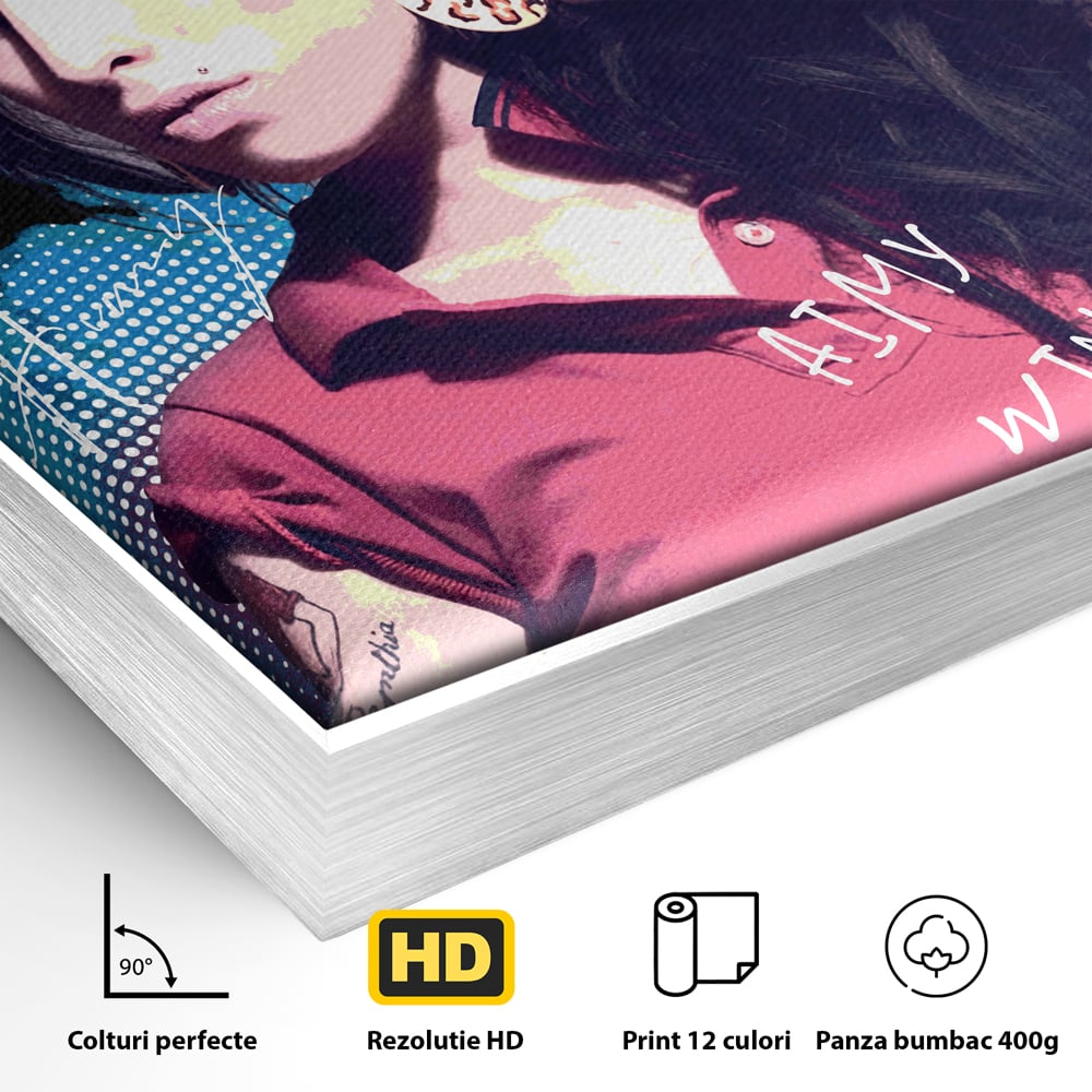 Detaliu al suprafetei: tablou canvas cu amy winehouse pe coperta rolling stone, in rama de aluminiu argintiu