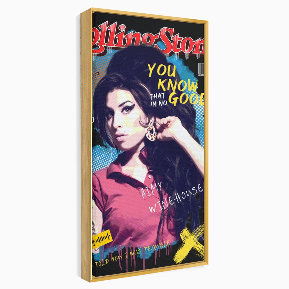 Tablou canvas cu tablou canvas cu amy winehouse pe coperta rolling stone, in rama de aluminiu auriu