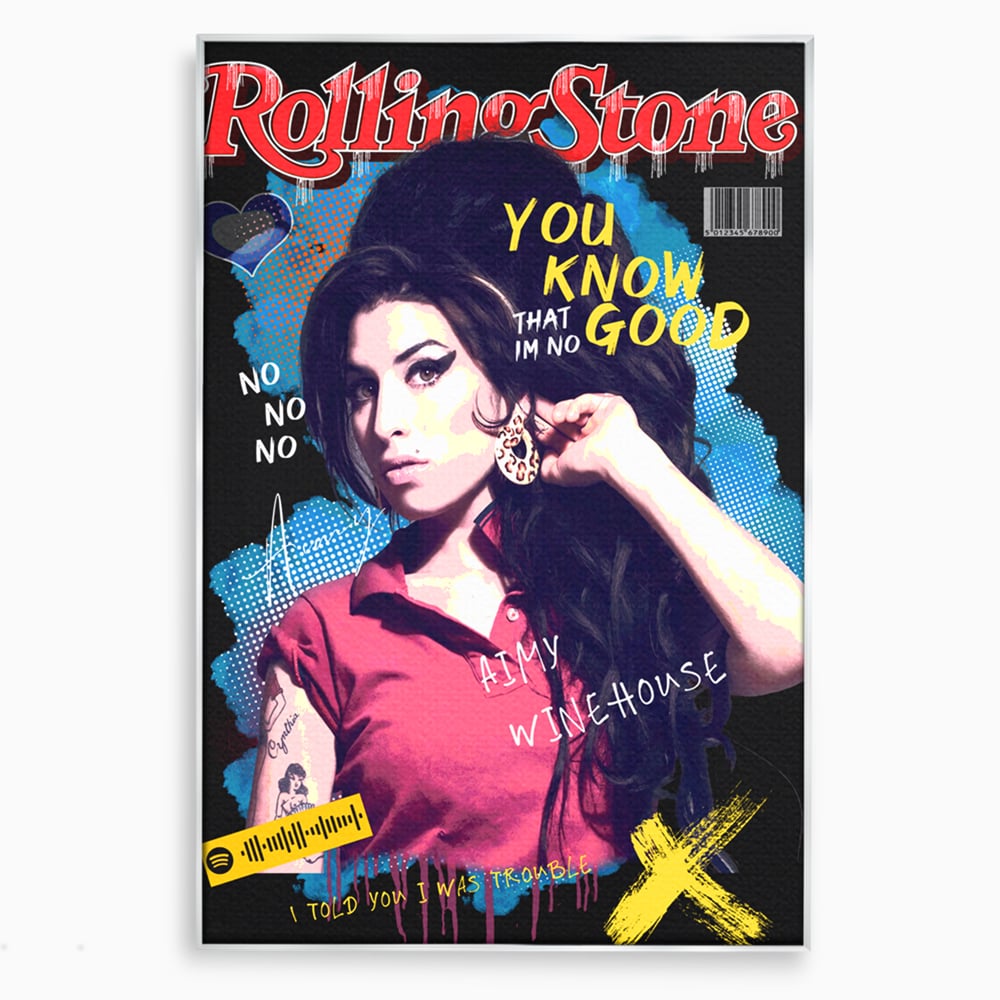 Tablou canvas cu tablou canvas cu amy winehouse pe coperta rolling stone, in rama de aluminiu argintiu