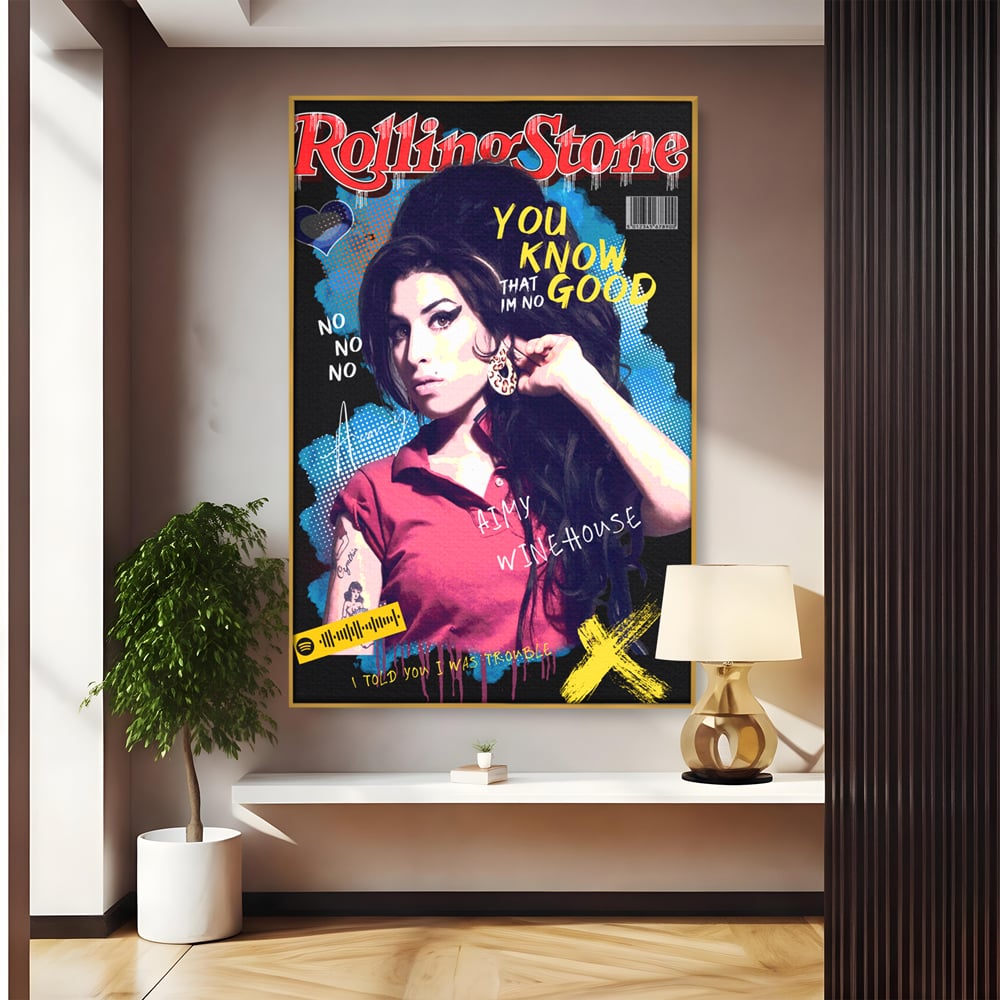 Tablou canvas cu tablou canvas cu amy winehouse pe coperta rolling stone, in rama de aluminiu auriu