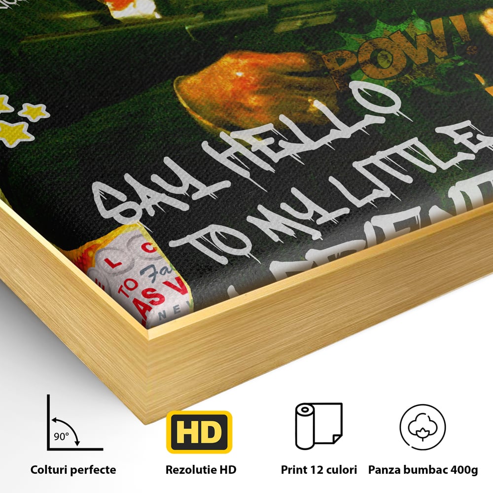 Detaliu al suprafetei: tablou canvas cu portretul lui alfredo pacino, in rama de aluminiu auriu