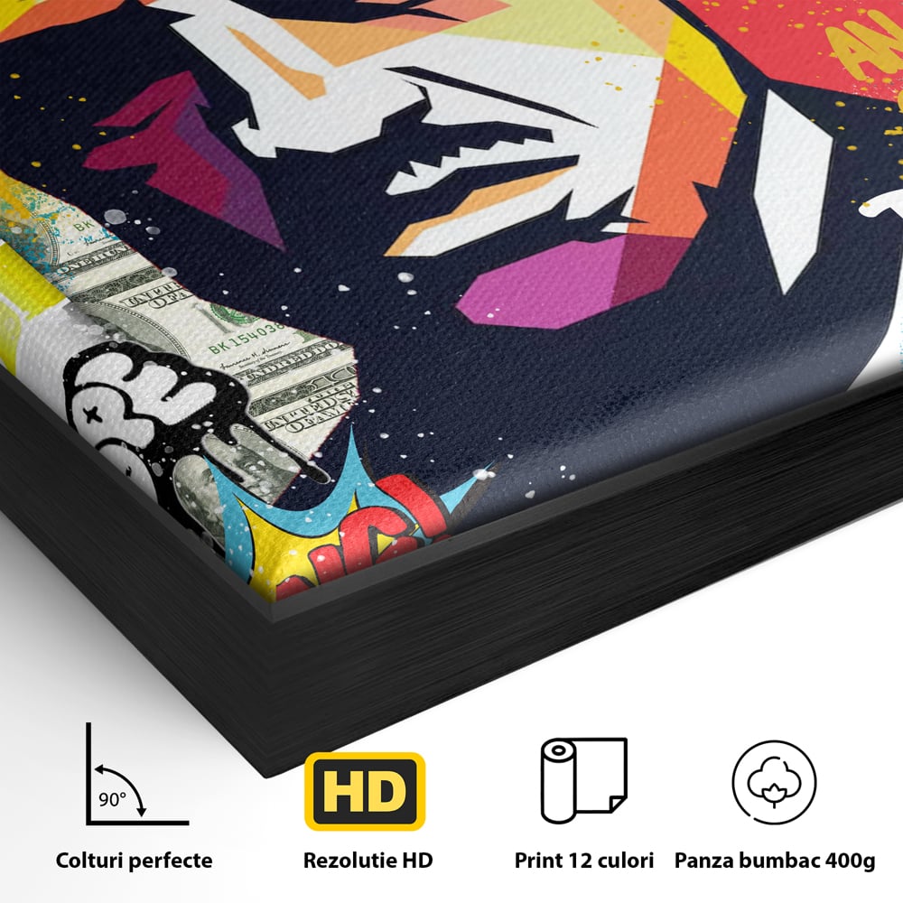 Detaliu al suprafetei: tablou canvas portret mafiot stil pop art, in rama de aluminiu negru