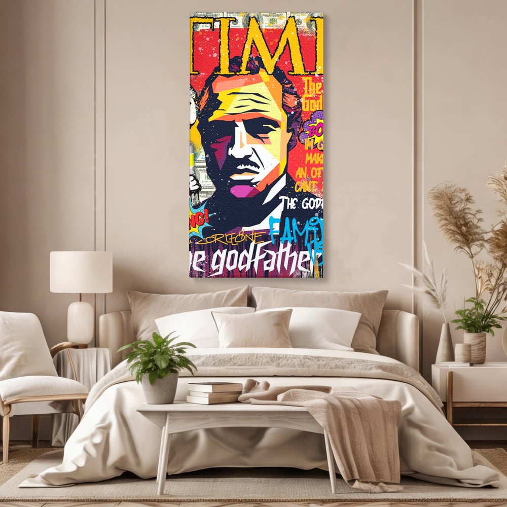 Tablou canvas cu tablou canvas portret mafiot stil pop art, fara rama, pe sasiu de lemn, pe perete intr-un dormitor