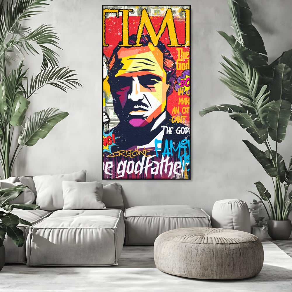 Tablou canvas cu tablou canvas portret mafiot stil pop art, in rama de aluminiu negru, pe perete intr-un living