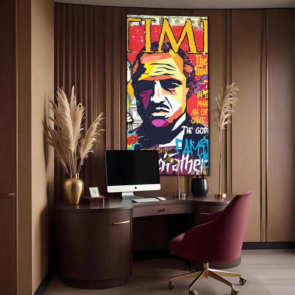 Tablou canvas cu tablou canvas portret mafiot stil pop art, in rama de aluminiu negru, pe perete intr-un birou