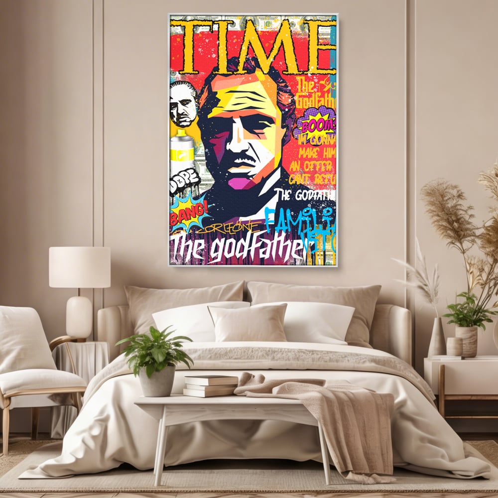 Tablou canvas cu tablou canvas portret mafiot stil pop art, in rama de aluminiu argintiu, pe perete intr-un dormitor