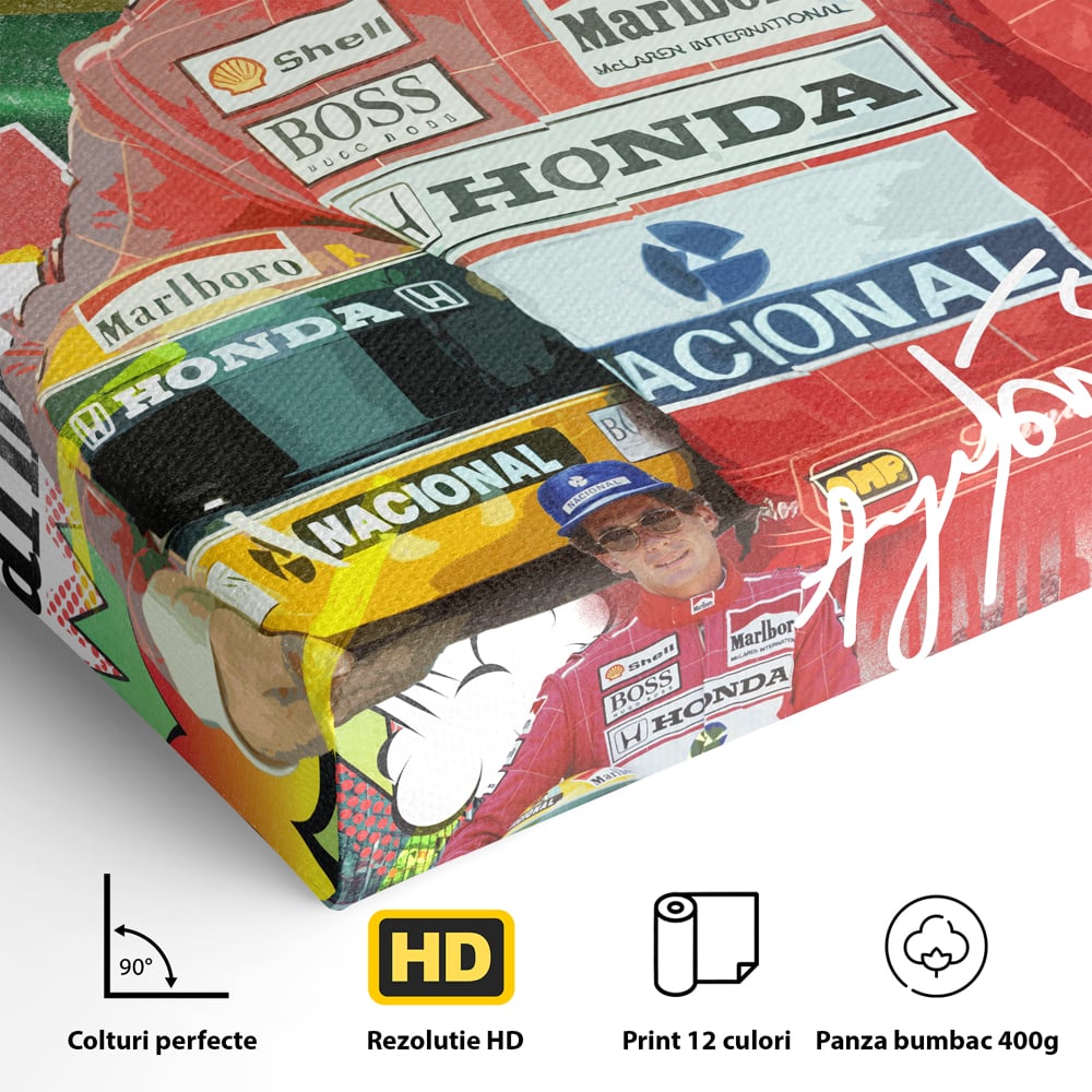 Detaliu al suprafetei: tablou canvas cu pilotul ayrton senna, fara rama, pe sasiu de lemn