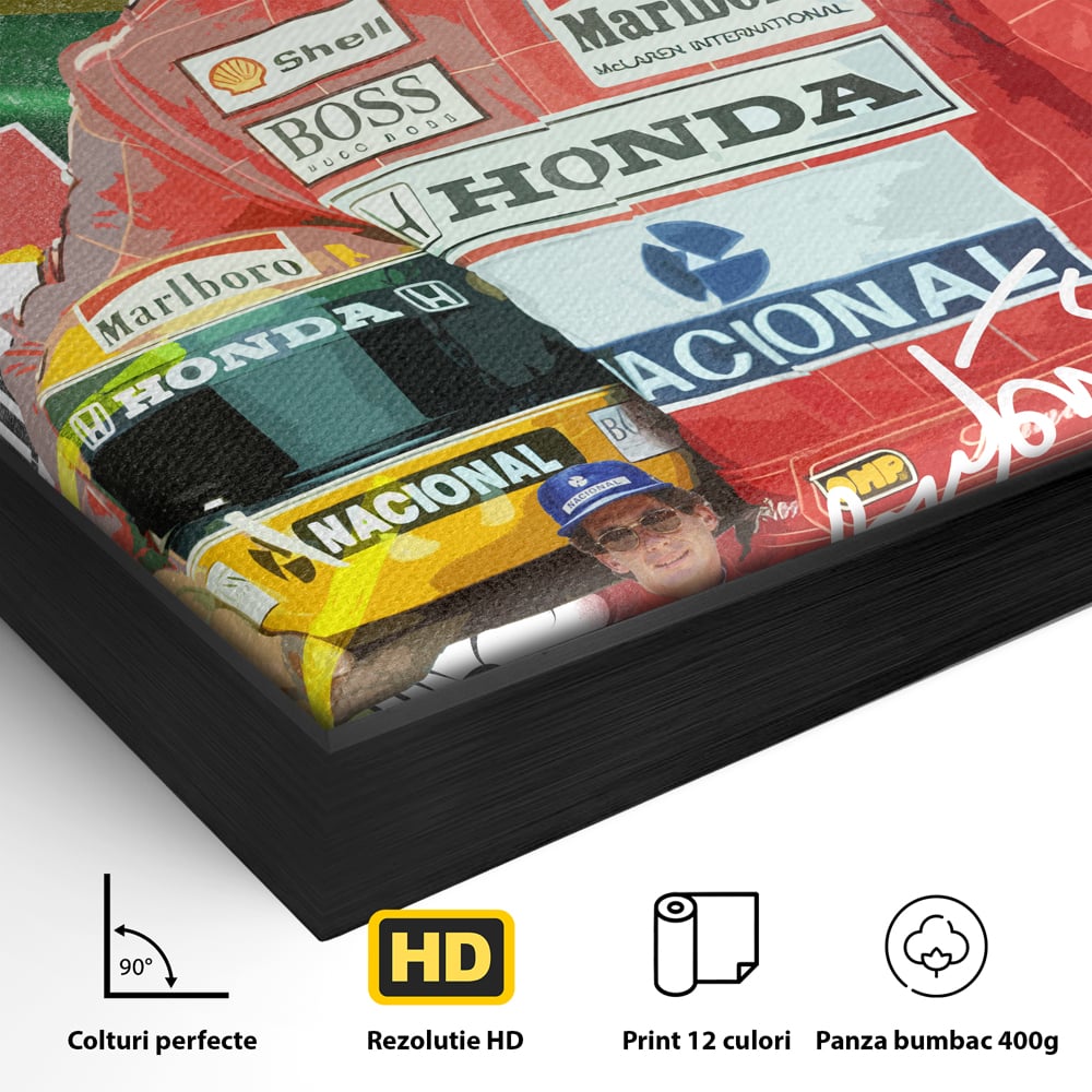 Detaliu al suprafetei: tablou canvas cu pilotul ayrton senna, in rama de aluminiu negru