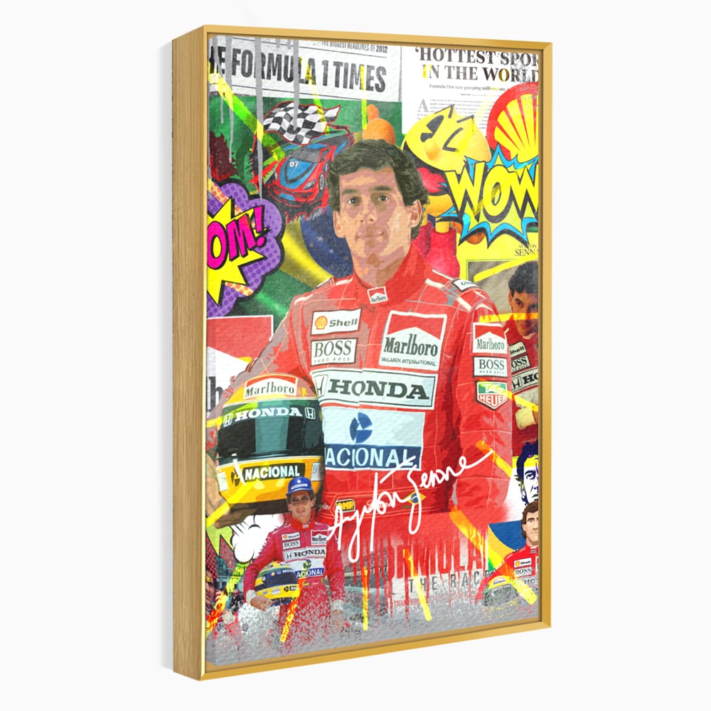 Tablou canvas cu tablou canvas cu pilotul ayrton senna, in rama de aluminiu auriu